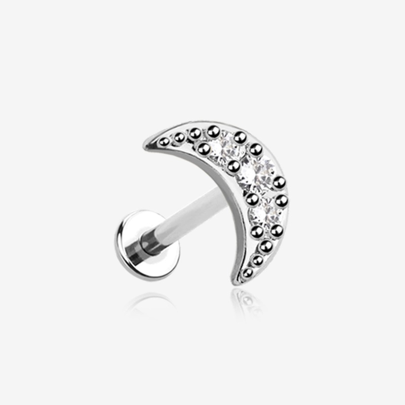 Crescent Moon Sparkle Pave Multi-Gem Internally Threaded Flat Back Stud Labret 16 GA (1.2mm), 1/4″ (6mm)