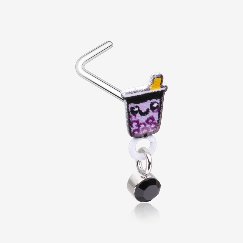 Cute Boba Tapioca Drink Sparkle Dangle L-Shaped Nose Ring 20 GA (0.8mm), 9/32″ (7mm)