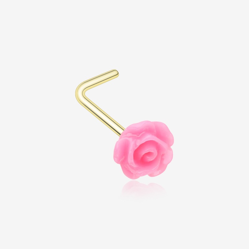 Golden Pink Blossom Rose L-Shaped Nose Ring 20 GA (0.8mm), 9/32″ (7mm)