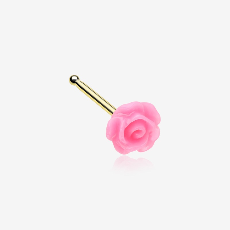Golden Pink Blossom Rose Nose Stud Ring 20 GA (0.8mm), 9/32″ (7mm)