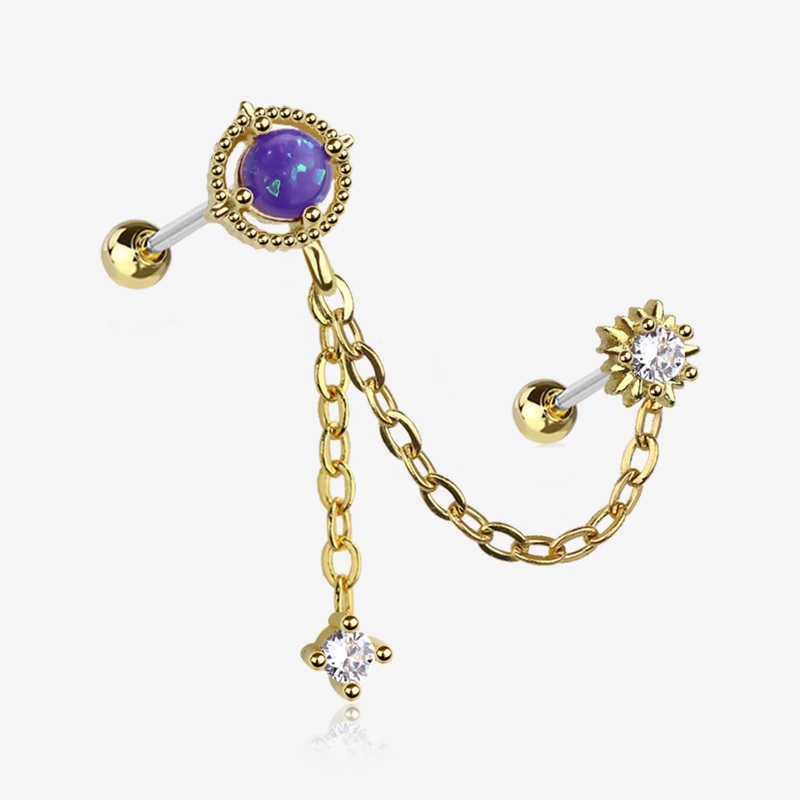 Golden Starburst Sparkle Opalescent Orbit Chained Cartilage Barbell Earring