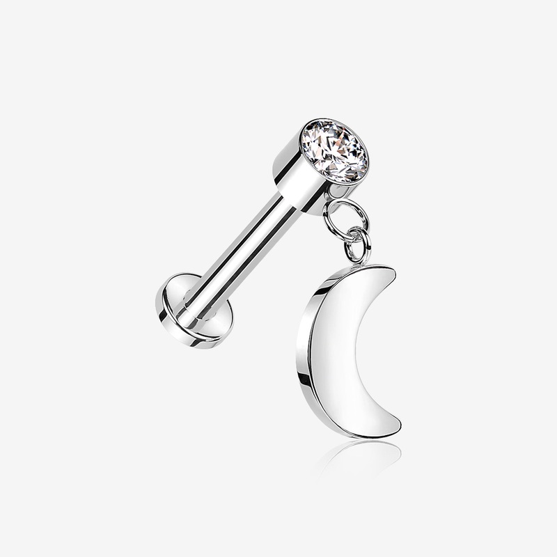 Implant Grade Titanium Bezel Gem Crescent Moon Dangle Internally Threaded Flat Back Labret 16 GA (1.2mm), 1/4″ (6mm)