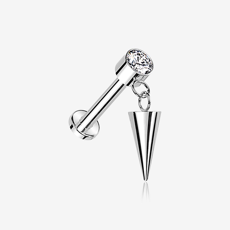 Implant Grade Titanium Bezel Gem Spike Cone Dangle Internally Threaded Flat Back Labret 16 GA (1.2mm), 1/4″ (6mm)