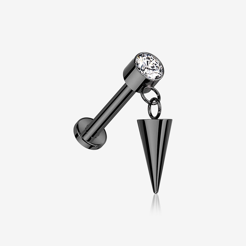 Implant Grade Titanium Blackline Bezel Gem Spike Cone Dangle Internally Threaded Flat Back Labret 16 GA (1.2mm), 1/4″ (6mm)