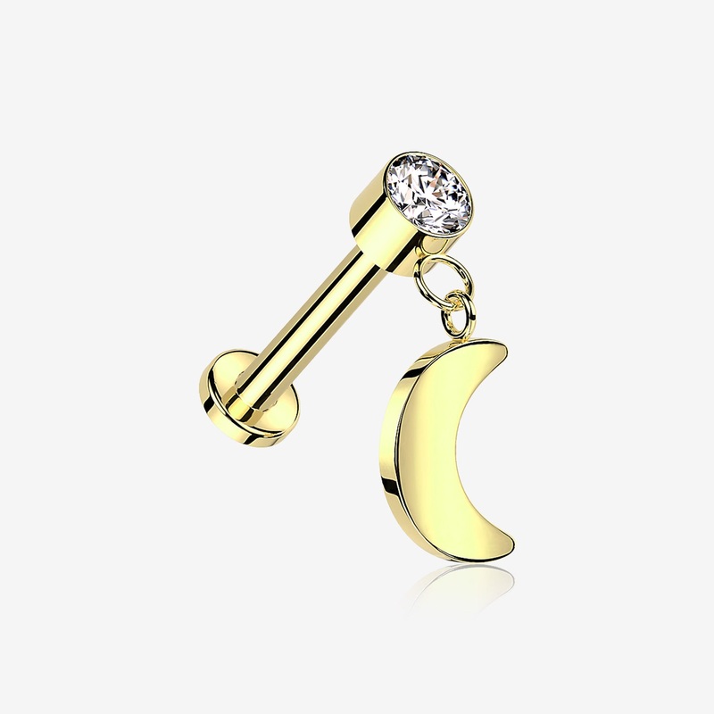 Implant Grade Titanium Golden Bezel Gem Crescent Moon Dangle Internally Threaded Flat Back Labret 16 GA (1.2mm), 1/4″ (6mm)