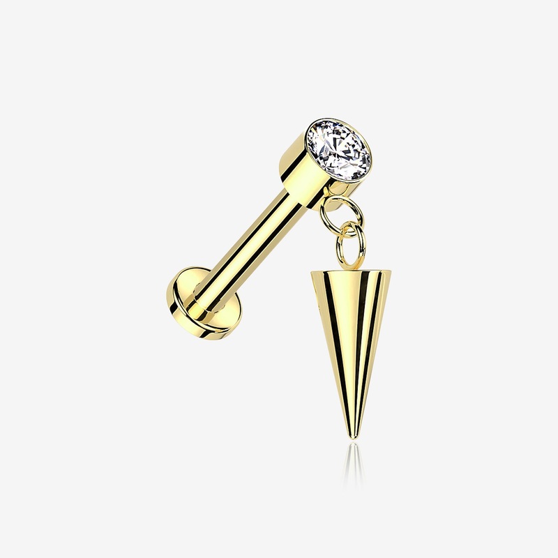 Implant Grade Titanium Golden Bezel Gem Spike Cone Dangle Internally Threaded Flat Back Labret 16 GA (1.2mm), 1/4″ (6mm)