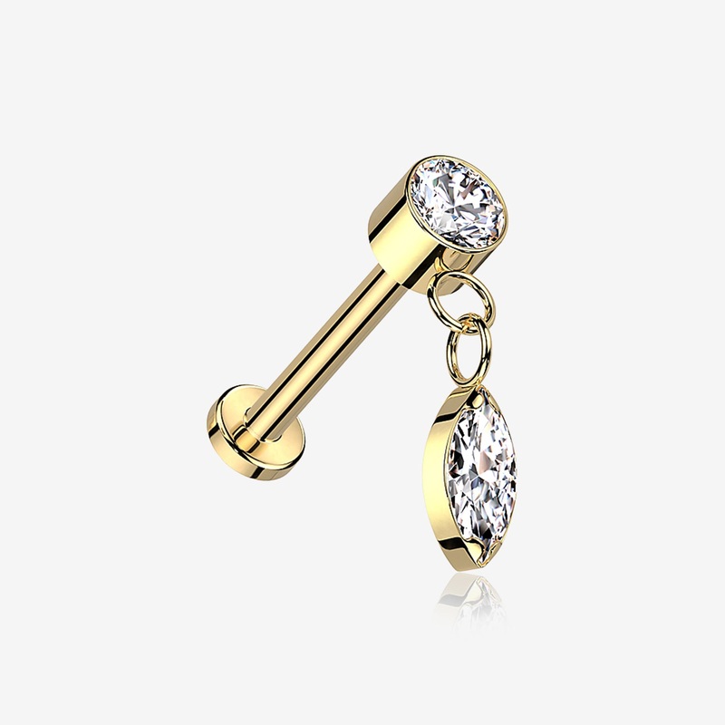 Implant Grade Titanium OneFit Threadless Golden Sparkle Gem Marquise Dangle Flat Back Labret 18 GA (1mm), 1/4″ (6mm)