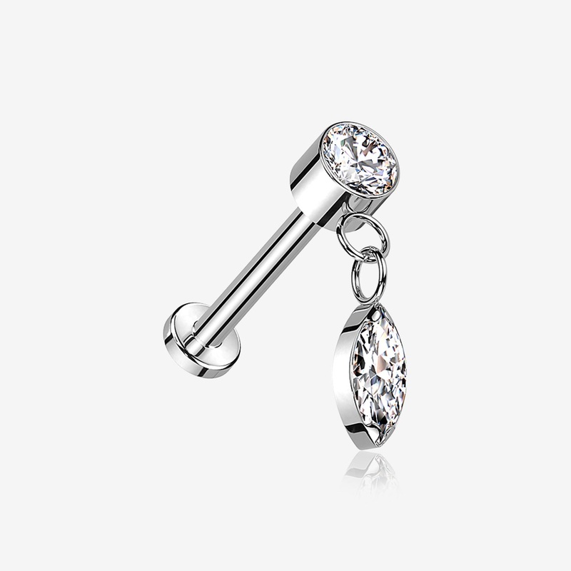 Implant Grade Titanium OneFit Threadless Sparkle Gem Marquise Dangle Flat Back Labret 18 GA (1mm), 1/4″ (6mm)