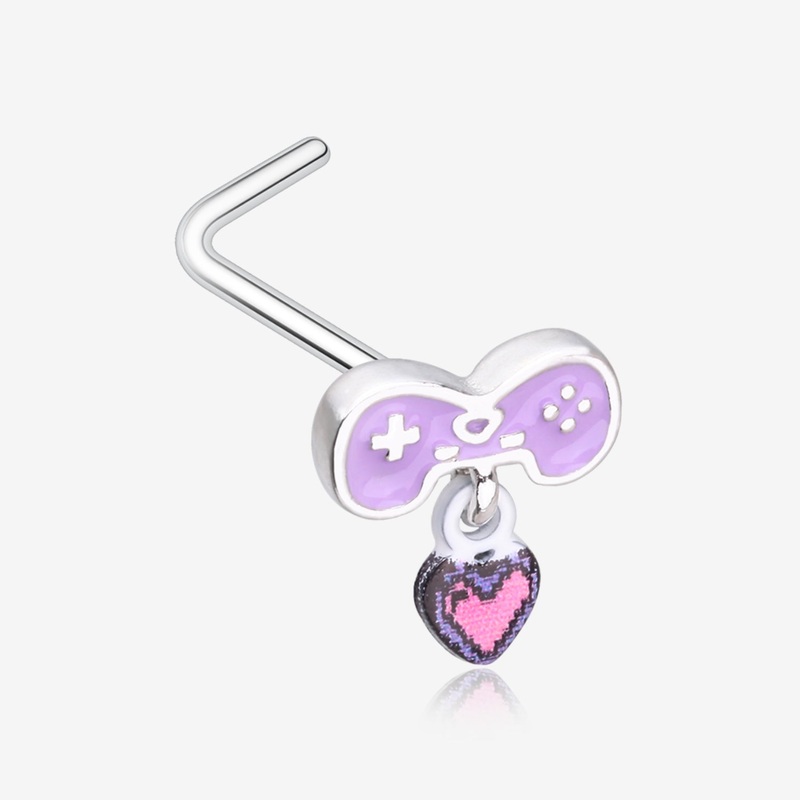 Retro Gamer Controller 8-Bit Pixel Heart Dangle L-Shaped Nose Ring 20 GA (0.8mm), 9/32″ (7mm)