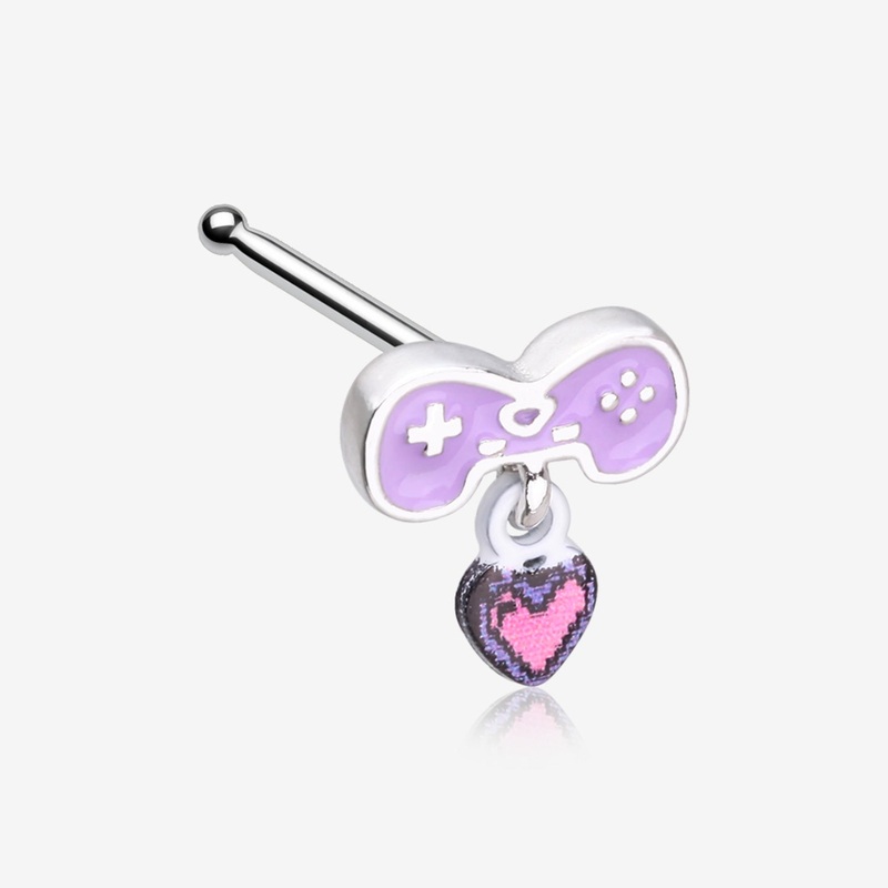 Retro Gamer Controller 8-Bit Pixel Heart Dangle Nose Stud Ring 20 GA (0.8mm), 9/32″ (7mm)