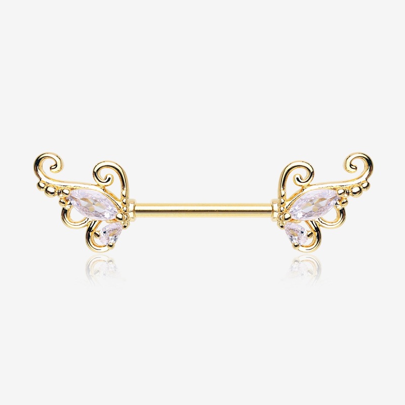A Pair of Golden Luscious Sparkle Butterfly Elegance Nipple Barbell 14 GA (1.6mm), 1/2″ (12mm)