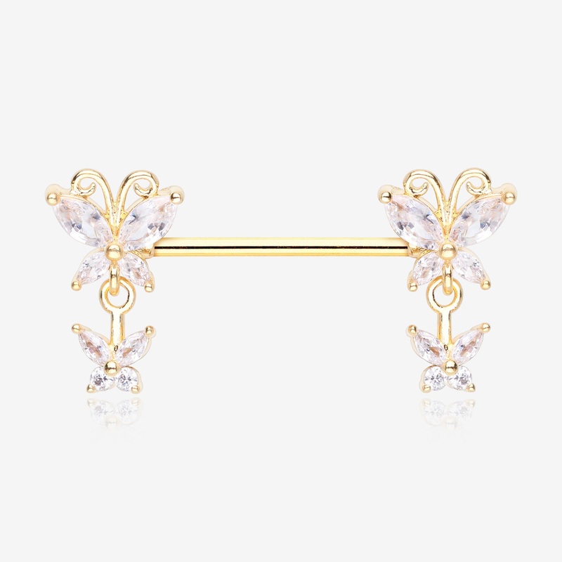 A Pair of Golden Marquise Butterfly Duo Sparkle Dangle Nipple Barbell 14 GA (1.6mm), 1/2″ (12mm)