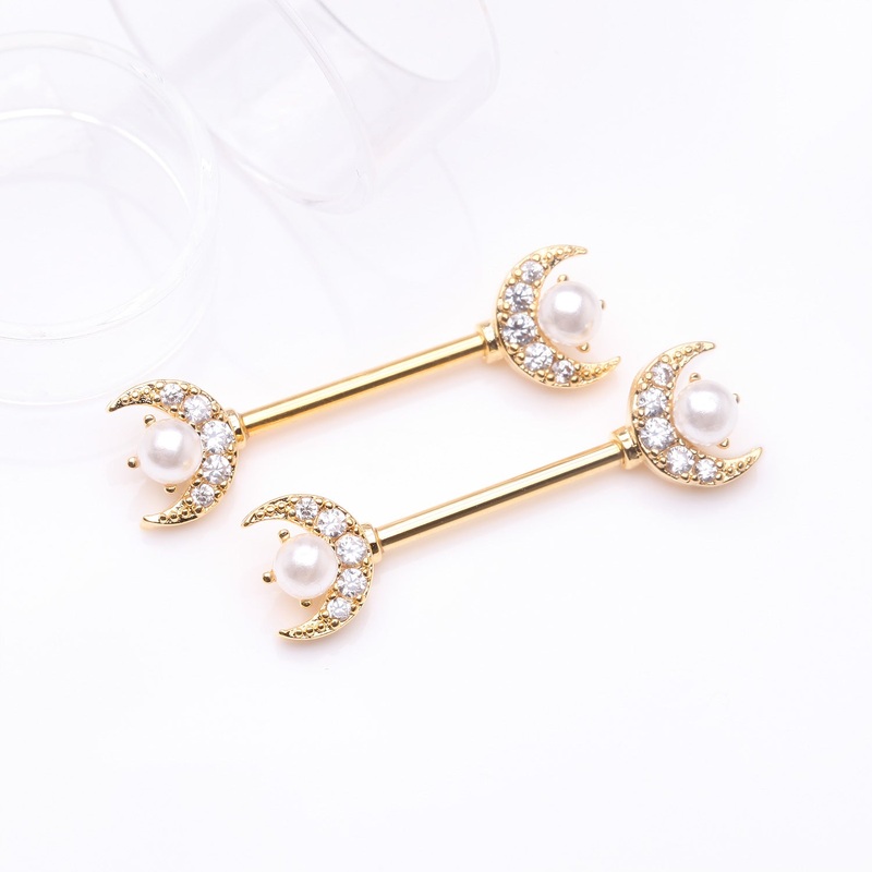 A Pair of Golden Pearlescent Crescent Moon Sparkle Nipple Barbell 14 GA (1.6mm), 1/2″ (12mm)