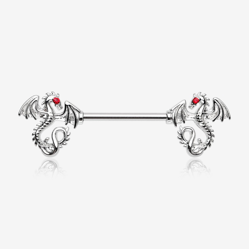 A Pair of Jeweled Eye Dragon Sparkle Nipple Barbell 14 GA (1.6mm), 1/2″ (12mm)