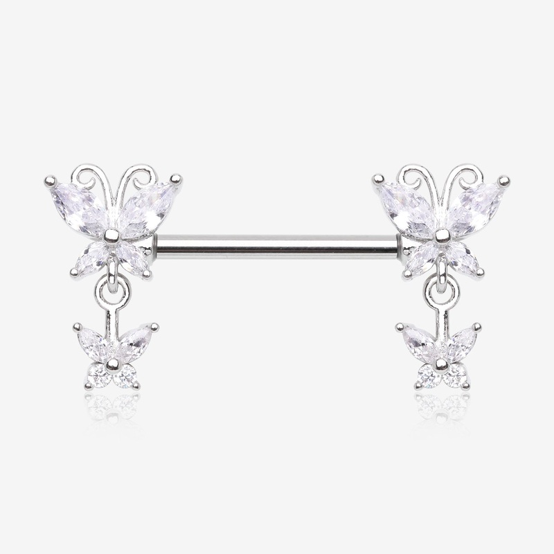 A Pair of Marquise Butterfly Duo Sparkle Dangle Nipple Barbell 14 GA (1.6mm), 1/2″ (12mm)