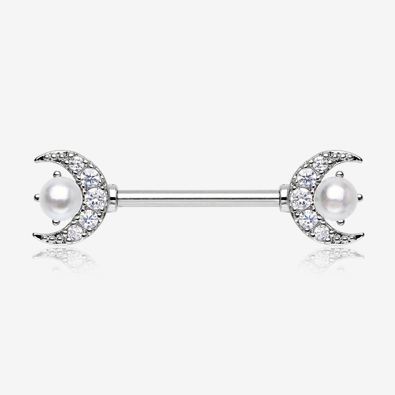 A Pair of Pearlescent Crescent Moon Sparkle Nipple Barbell 14 GA (1.6mm), 1/2″ (12mm)