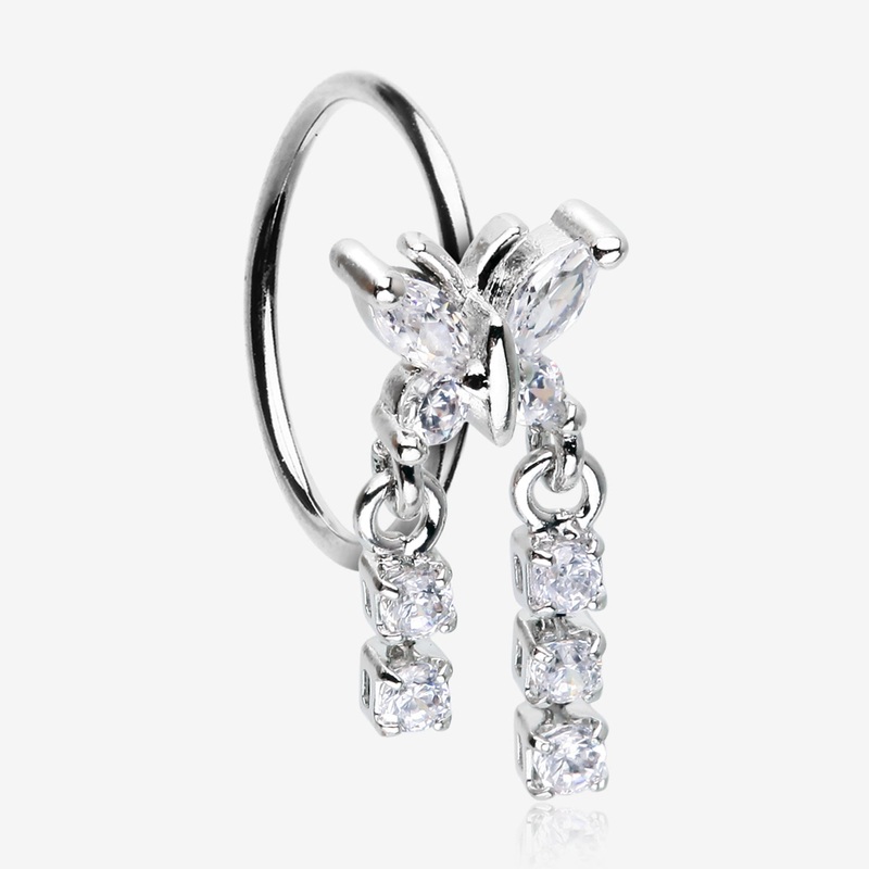 Butterfly Sparkle Dangle Gem Drop Bendable Hoop Ring 20 GA (0.8mm), 5/16″ (8mm)