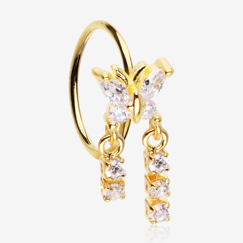 Golden Butterfly Sparkle Dangle Gem Drop Bendable Hoop Ring 20 GA (0.8mm), 5/16″ (8mm)