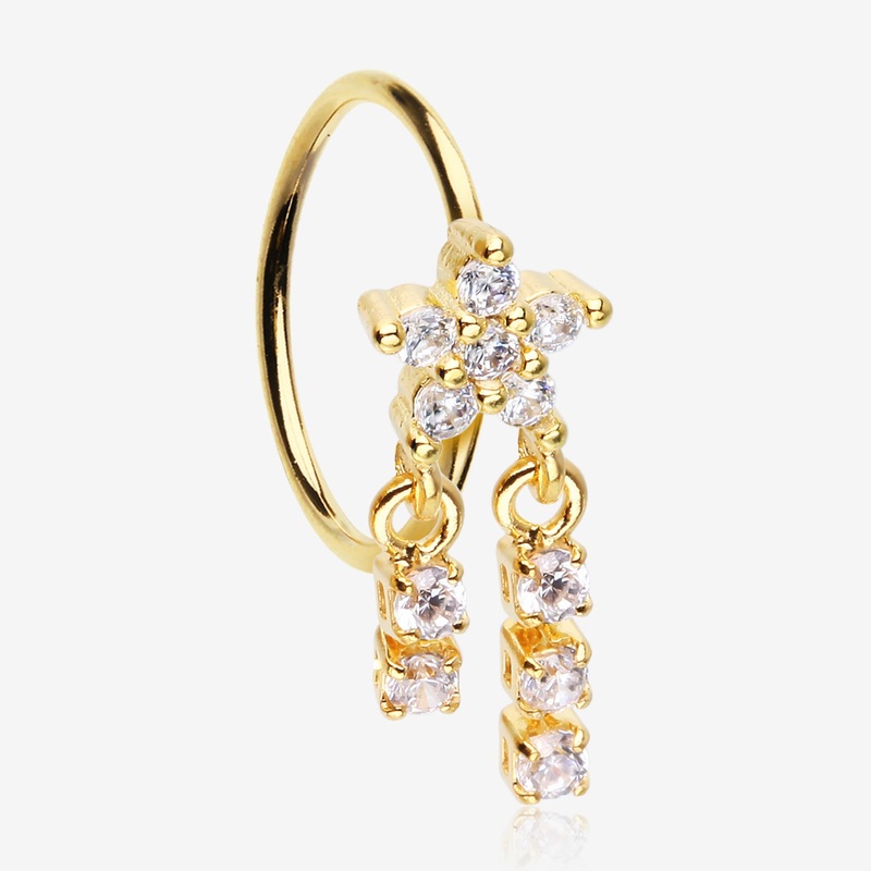 Golden Sparkle Flower Dangle Gem Drop Bendable Hoop Ring 20 GA (0.8mm), 5/16″ (8mm)