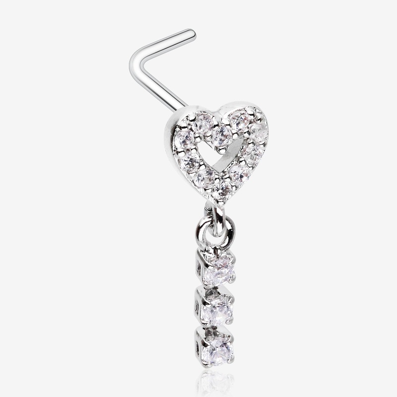 Sparkle Heart Loop Dangle Gem Drop L-Shaped Nose Ring