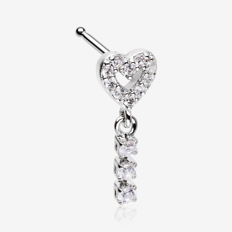 Sparkle Heart Loop Dangle Gem Drop Nose Stud Ring