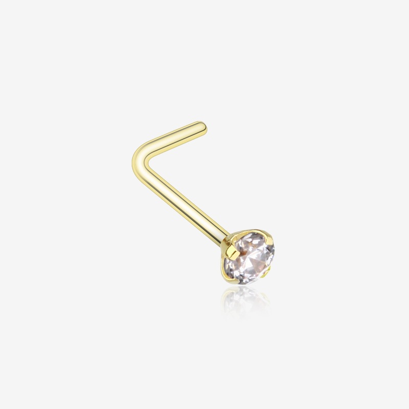 Golden Prong Set Gem Top Steel L-Shaped Nose Ring 20 GA (0.8mm), 9/32″ (7mm), Ball: 2mm