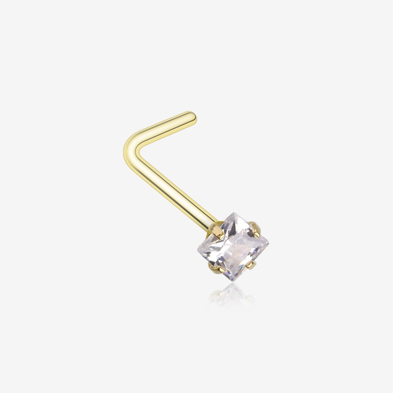 Golden Square Prong Set Gem Top L-Shaped Nose Ring