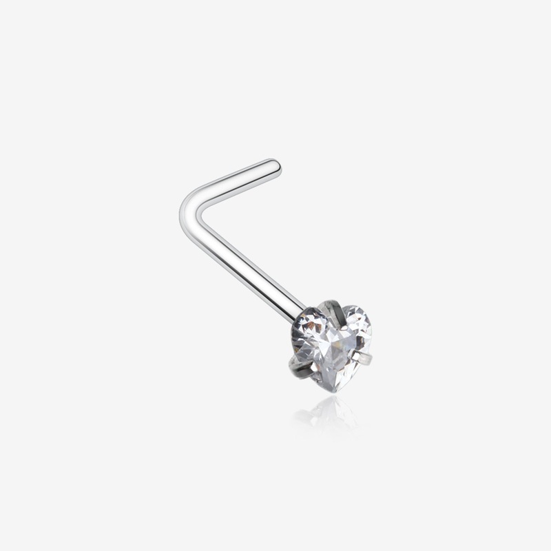 Heart Prong Set Gem Top L-Shaped Nose Ring
