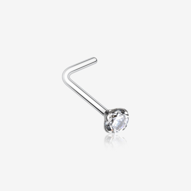 Prong Set Gem Top Steel L-Shaped Nose Ring 20 GA (0.8mm), 9/32″ (7mm), Ball: 2mm