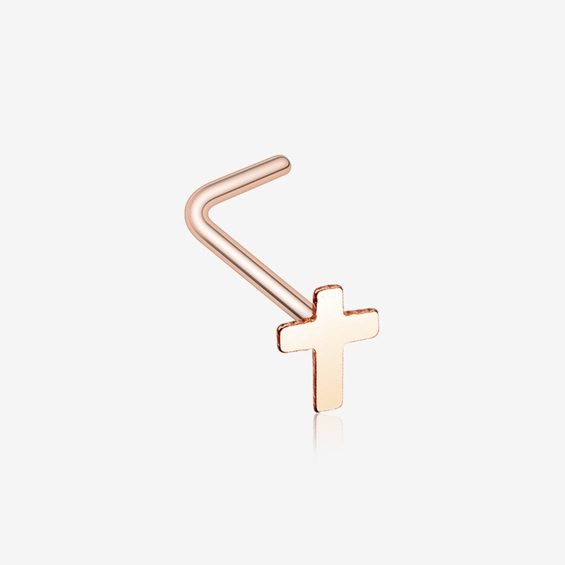 Rose Gold Dainty Cross Icon L-Shaped Nose Ring