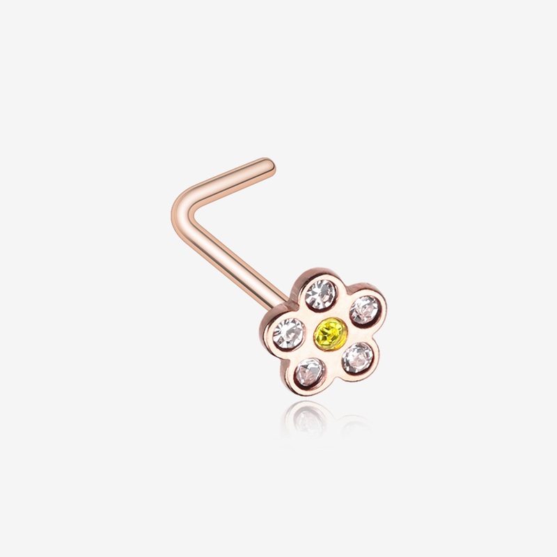 Rose Gold Flower Sparkle L-Shaped Nose Ring