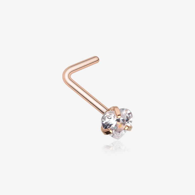 Rose Gold Heart Prong Set Gem Top L-Shaped Nose Ring