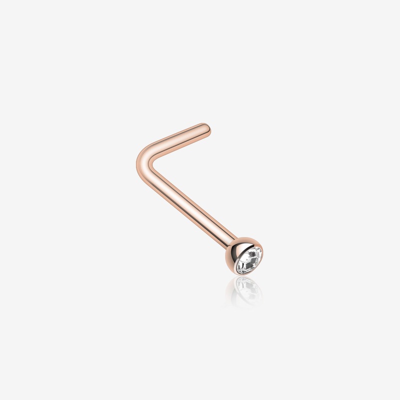 Rose Gold Press Fit Gem Top L-Shaped Nose Ring 20 GA (0.8mm), 9/32″ (7mm), Ball: 1.5mm