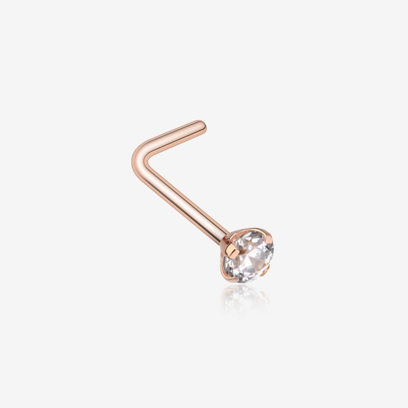 Rose Gold Prong Set Gem Top L-Shaped Steel Nose Ring 20 GA (0.8mm), 9/32″ (7mm), Ball: 2mm