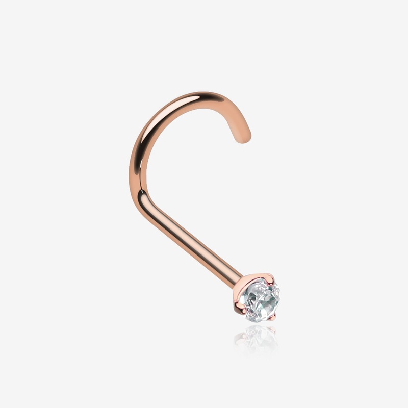 Rose Gold Prong Set Gem Top Steel Nose Screw Ring 20 GA (0.8mm), 9/32″ (7mm), Ball: 2mm