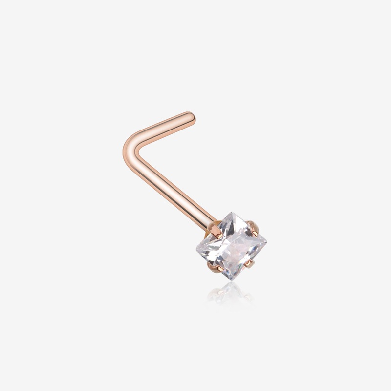 Rose Gold Square Prong Set Gem Top L-Shaped Nose Ring
