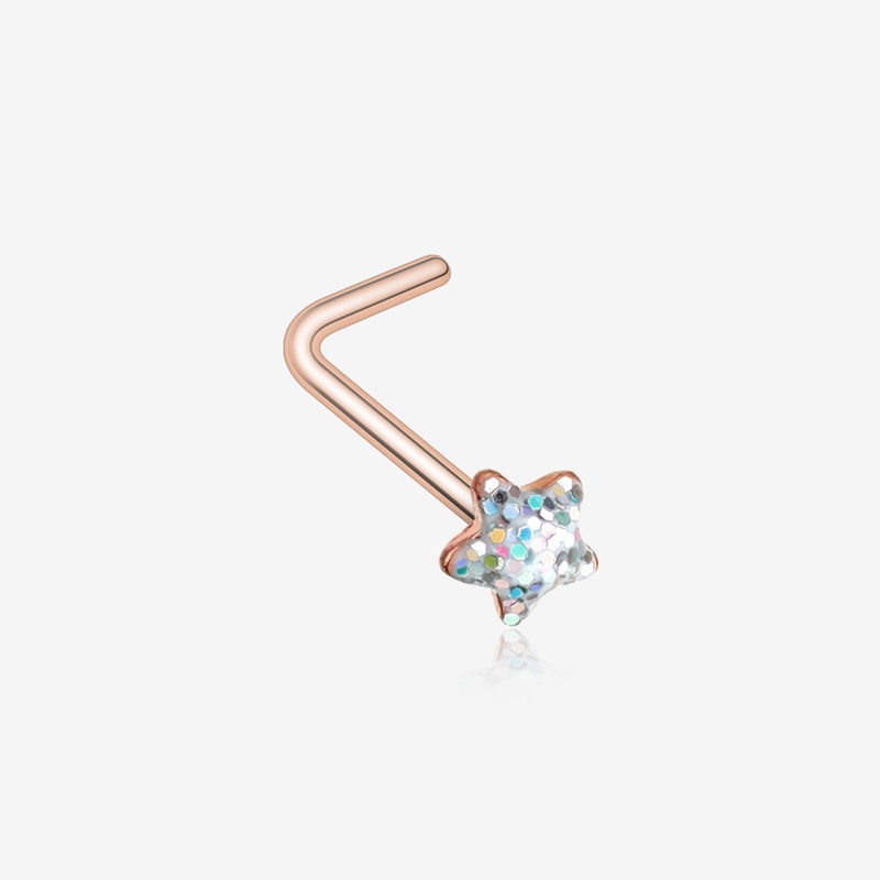 Rose Gold Star Glitter Sparkle L-Shaped Nose Ring