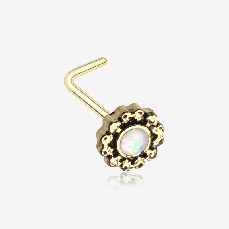 Golden Filigree Opal Sparkle L-Shaped Nose Ring
