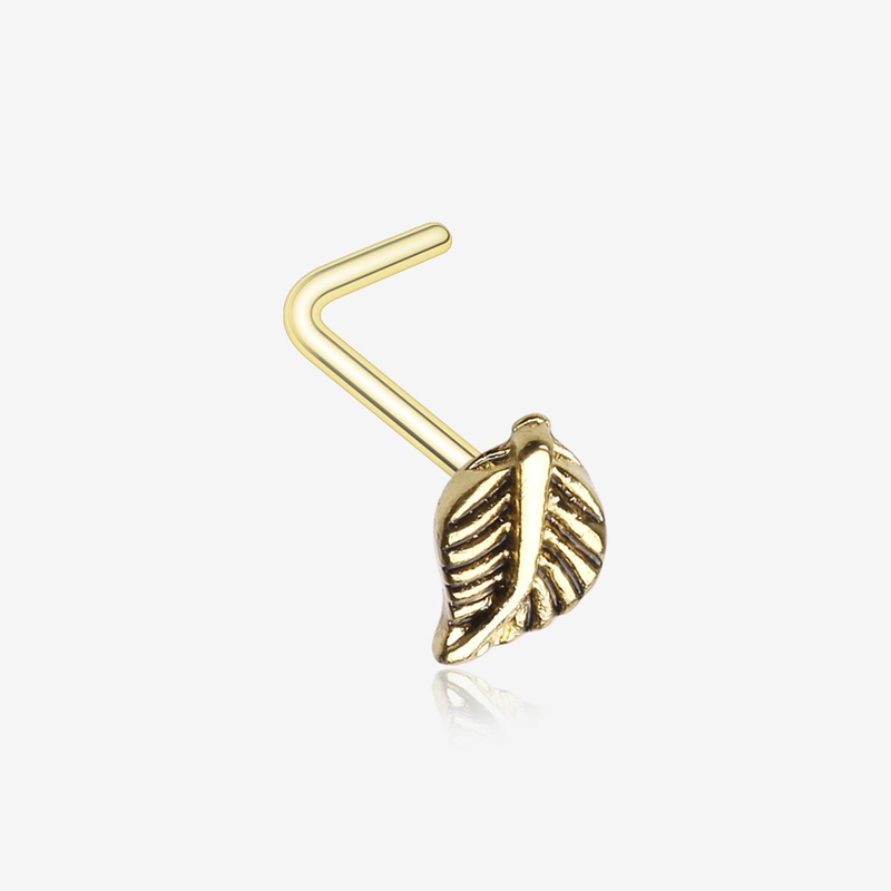 Golden Vintage Leaf Icon L-Shaped Nose Ring