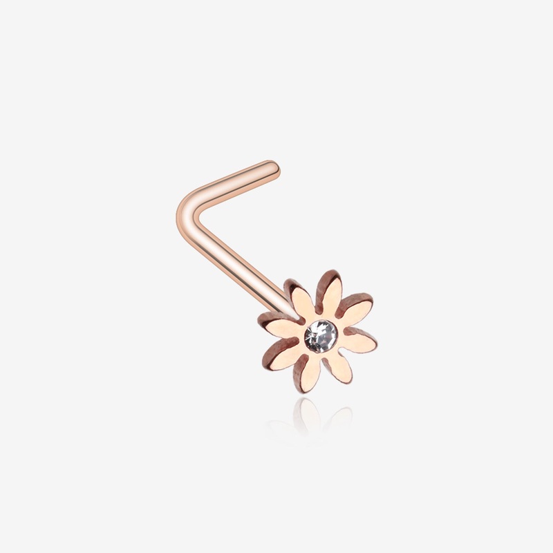 Rose Gold Cutesy Daisy Flower Sparkle L-Shaped Nose Ring