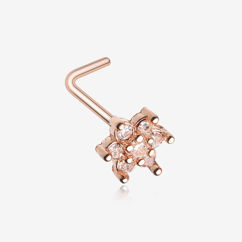 Rose Gold Spring Flower Sparkle Prong Set L-Shaped Nose Ring