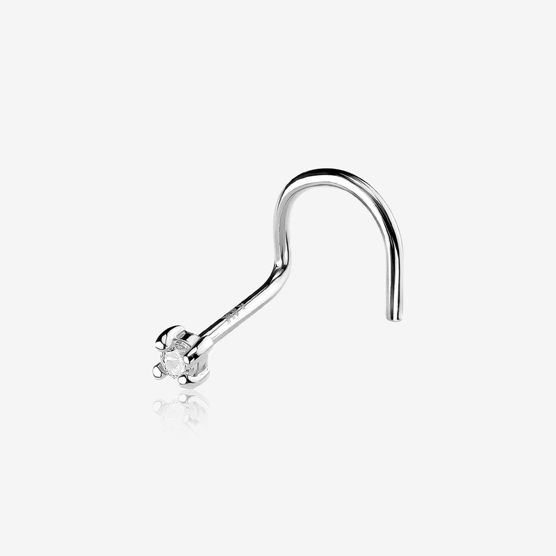 14 Karat White Gold Prong Set Gem Top Nose Screw Ring 20 GA (0.8mm), 1/4″ (6mm), Gem: 2mm