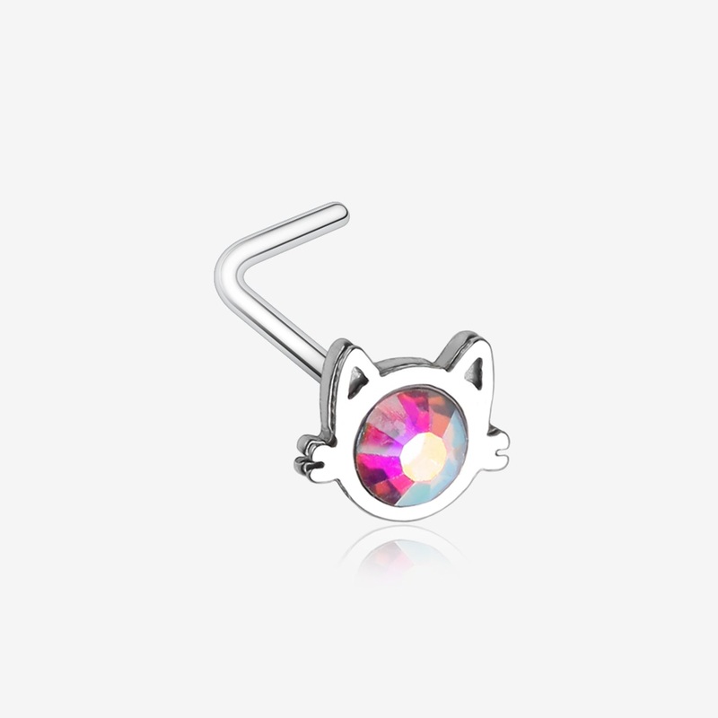 Adorable Cat Face Iridescent Sparkle L-Shaped Nose Ring