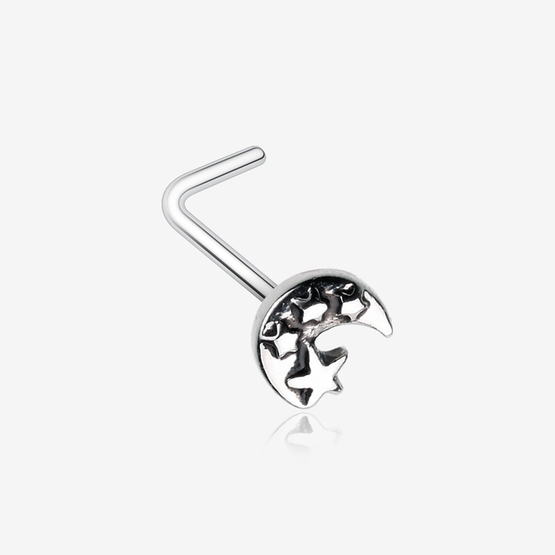 Dainty Crescent Moon & Stars L-Shaped Nose Ring