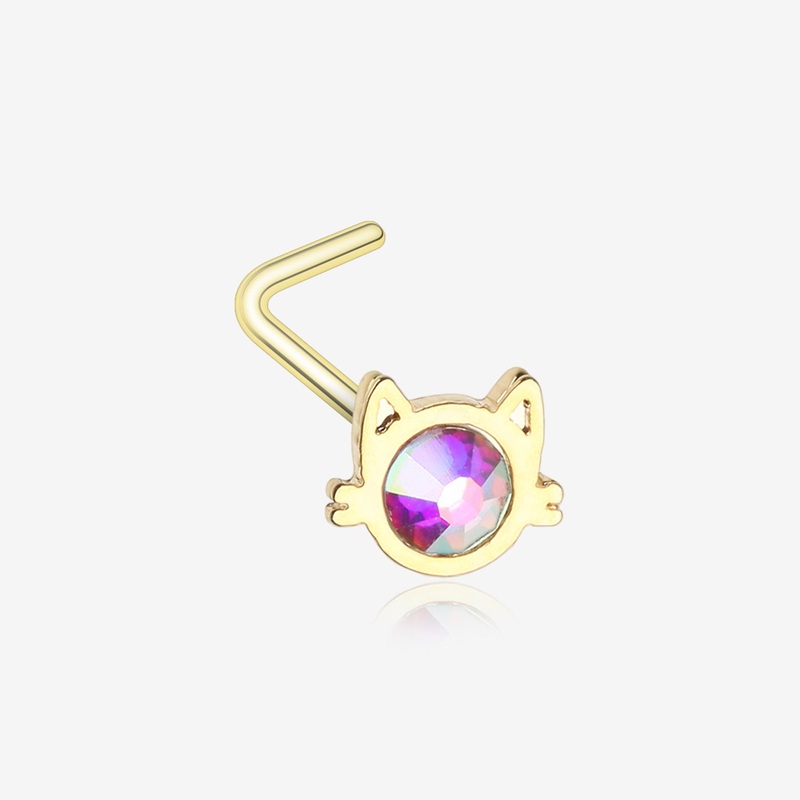 Golden Adorable Cat Face Iridescent Sparkle L-Shaped Nose Ring