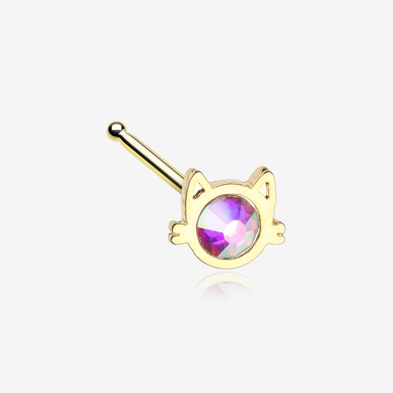 Golden Adorable Cat Face Iridescent Sparkle Nose Stud Ring