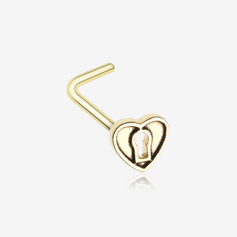 Golden Antique Heart Lock L-Shaped Nose Ring