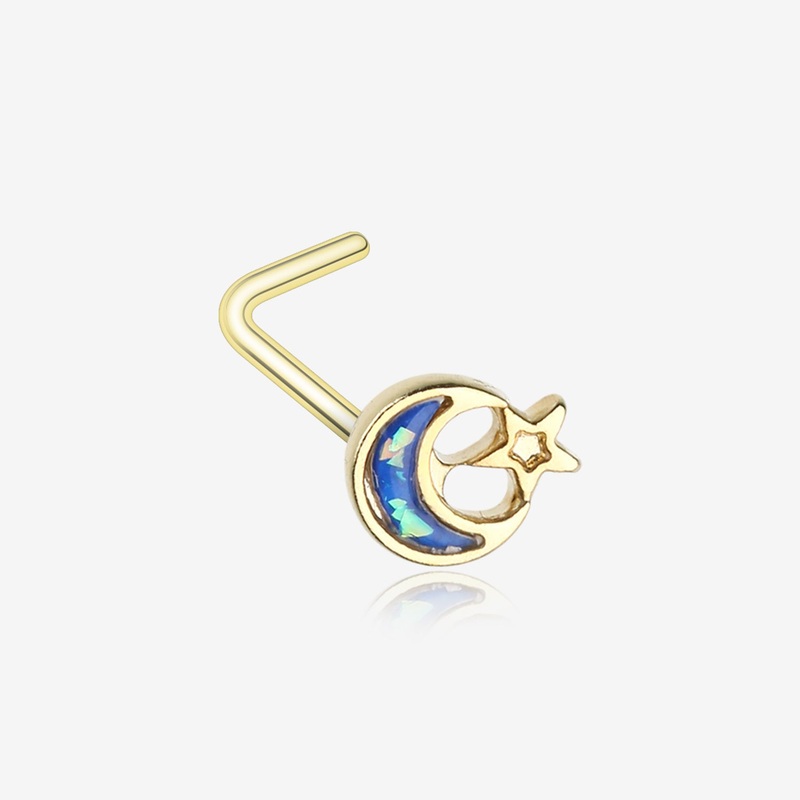 Golden Opal Sparkle Crescent Moon & Star L-Shaped Nose Ring