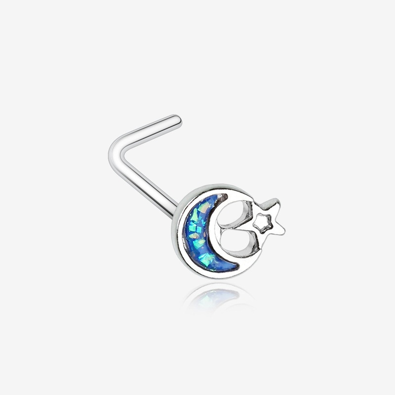 Opal Sparkle Crescent Moon & Star L-Shaped Nose Ring