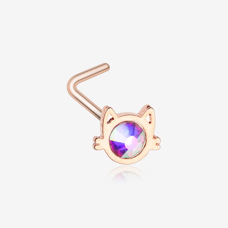 Rose Gold Adorable Cat Face Iridescent Sparkle L-Shaped Nose Ring